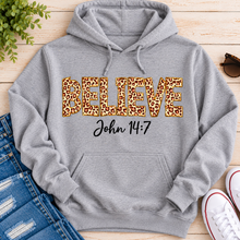 Load image into Gallery viewer, Believe John 14:7  leopard print Christian graphic shirt available in short sleeve crewneck, V-neck, long sleeve and hoodie styles.
