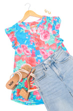 Load image into Gallery viewer, Lizzy Flutter Sleeve Top in Blue and Pink Roses
