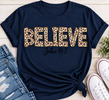 Load image into Gallery viewer, Believe John 14:7  leopard print Christian graphic shirt available in short sleeve crewneck, V-neck, long sleeve and hoodie styles.
