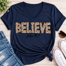 Load image into Gallery viewer, Believe John 14:7  leopard print Christian graphic shirt available in short sleeve crewneck, V-neck, long sleeve and hoodie styles.
