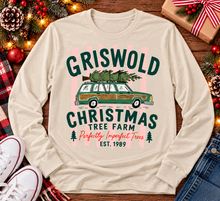 Load image into Gallery viewer, Christmas graphic tee featuring Griswold Christmas Tree Farm vintage green station wagon with Christmas tree and retro lettering.
