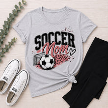 Load image into Gallery viewer, Gray crewneck Soccer Mom graphic tee with pink and black soccer ball, goal and leopard print design.
