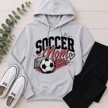 Load image into Gallery viewer, Gray Soccer Mom graphic hoodie with pink and black soccer ball, goal and leopard print design.
