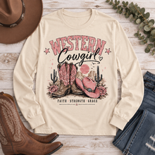Load image into Gallery viewer, Western Cowgirl graphic long sleeve crewneck tee with pink boots, cowboy hat and desert design
