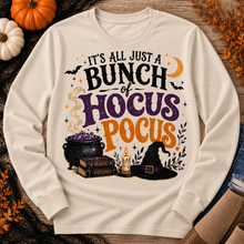 Load image into Gallery viewer, Hocus Pocus Halloween graphic long sleeve tee with cauldron, witch hat and spell books
