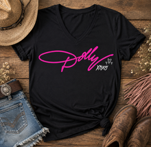 Load image into Gallery viewer, Black Dolly tribute graphic T-shirt featuring bright pink Dolly script with white XOXO and heart details.
