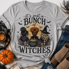 Load image into Gallery viewer, Bunch of Witches Halloween graphic crewneck T-shirt with witches, cauldron and bats
