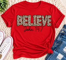 Load image into Gallery viewer, Believe John 14:7  leopard print Christian graphic shirt available in short sleeve crewneck, V-neck, long sleeve and hoodie styles.
