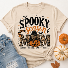 Load image into Gallery viewer, Spooky Season Mom Halloween graphic V-neck tee with leopard print, ghost, pumpkin and coffee design
