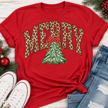 Load image into Gallery viewer, MERRY leopard print Christmas tree graphic apparel for women in black, red and beige
