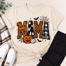 Load image into Gallery viewer, Cream Halloween Mama graphic tee featuring orange jack-o'-lantern print, ghosts, leopard print, black and white plaid, pumpkins, bats and spiderwebs.
