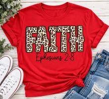 Load image into Gallery viewer, FAITH Ephesians 2:8 leopard print Christian graphic apparel for women in beige and red
