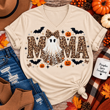 Load image into Gallery viewer, Mama leopard ghost Halloween graphic on cream V-neck tee with pumpkins, bats and bows
