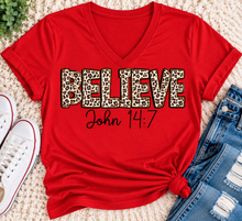Load image into Gallery viewer, Believe John 14:7  leopard print Christian graphic shirt available in short sleeve crewneck, V-neck, long sleeve and hoodie styles.
