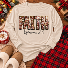 Load image into Gallery viewer, FAITH Ephesians 2:8 leopard print Christian graphic apparel for women in beige and red
