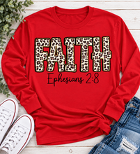 Load image into Gallery viewer, FAITH Ephesians 2:8 leopard print Christian graphic apparel for women in beige and red
