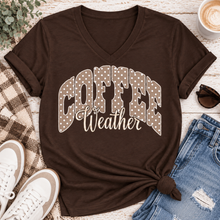 Load image into Gallery viewer, Coffee Weather polka dot graphic shirt available in brown and beige V-neck, crewneck tee, long sleeve tee and hoodie styles.
