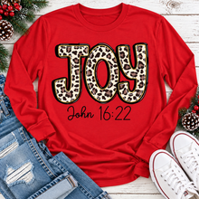 Load image into Gallery viewer, JOY John 16:22 leopard print Christmas graphic apparel available in four styles and two colors.
