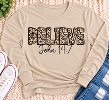 Load image into Gallery viewer, Believe John 14:7  leopard print Christian graphic shirt available in short sleeve crewneck, V-neck, long sleeve and hoodie styles.
