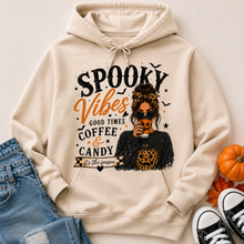 Load image into Gallery viewer, Spooky Vibes Halloween graphic hoodie featuring coffee, candy, pumpkin and leopard print fall design
