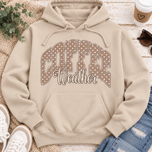 Load image into Gallery viewer, Coffee Weather polka dot graphic shirt available in brown and beige V-neck, crewneck tee, long sleeve tee and hoodie styles.
