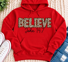 Load image into Gallery viewer, Believe John 14:7  leopard print Christian graphic shirt available in short sleeve crewneck, V-neck, long sleeve and hoodie styles.
