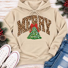 Load image into Gallery viewer, MERRY leopard print Christmas tree graphic apparel for women in black, red and beige
