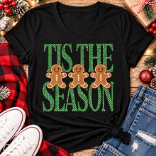 Load image into Gallery viewer, Tis the Season Christmas graphic apparel featuring green polka dot lettering and three gingerbread cookies
