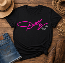 Load image into Gallery viewer, Black Dolly tribute graphic T-shirt featuring bright pink Dolly script with white XOXO and heart details.
