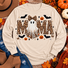 Load image into Gallery viewer, Mama leopard ghost Halloween graphic on cream long sleeve crewneck tee with pumpkins, bats and bows
