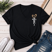 Load image into Gallery viewer, Front: Black Christian graphic tee featuring a small white Jesus script design with a brown heart on the front chest.
