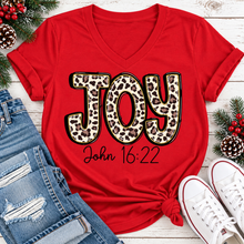 Load image into Gallery viewer, JOY John 16:22 leopard print Christmas graphic apparel available in four styles and two colors.
