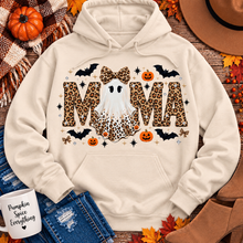 Load image into Gallery viewer, Mama leopard ghost Halloween graphic on cream hoodie with pumpkins, bats and leopard bow
