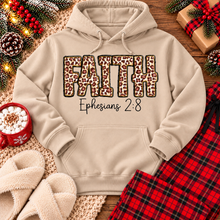 Load image into Gallery viewer, FAITH Ephesians 2:8 leopard print Christian graphic apparel for women in beige and red
