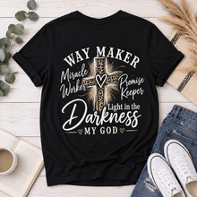 Load image into Gallery viewer, Black V-neck tee with God heart front graphic and Way Maker leopard cross faith graphic on back
