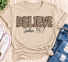 Load image into Gallery viewer, Believe John 14:7  leopard print Christian graphic shirt available in short sleeve crewneck, V-neck, long sleeve and hoodie styles.
