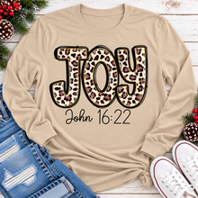 Load image into Gallery viewer, JOY John 16:22 leopard print Christmas graphic apparel available in four styles and two colors.
