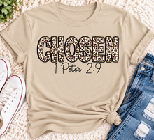 Load image into Gallery viewer, CHOSEN 1 Peter 2:9 leopard print Christian graphic apparel for women in red and beige

