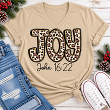 Load image into Gallery viewer, JOY John 16:22 leopard print Christmas graphic apparel available in four styles and two colors.

