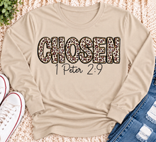 Load image into Gallery viewer, CHOSEN 1 Peter 2:9 leopard print Christian graphic apparel for women in red and beige
