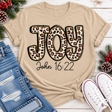Load image into Gallery viewer, JOY John 16:22 leopard print Christmas graphic apparel available in four styles and two colors.

