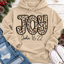Load image into Gallery viewer, JOY John 16:22 leopard print Christmas graphic apparel available in four styles and two colors.
