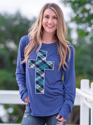 EMBROIDERED PLAID CROSS PATCH ON COBALT LONGSLEEVE TEE